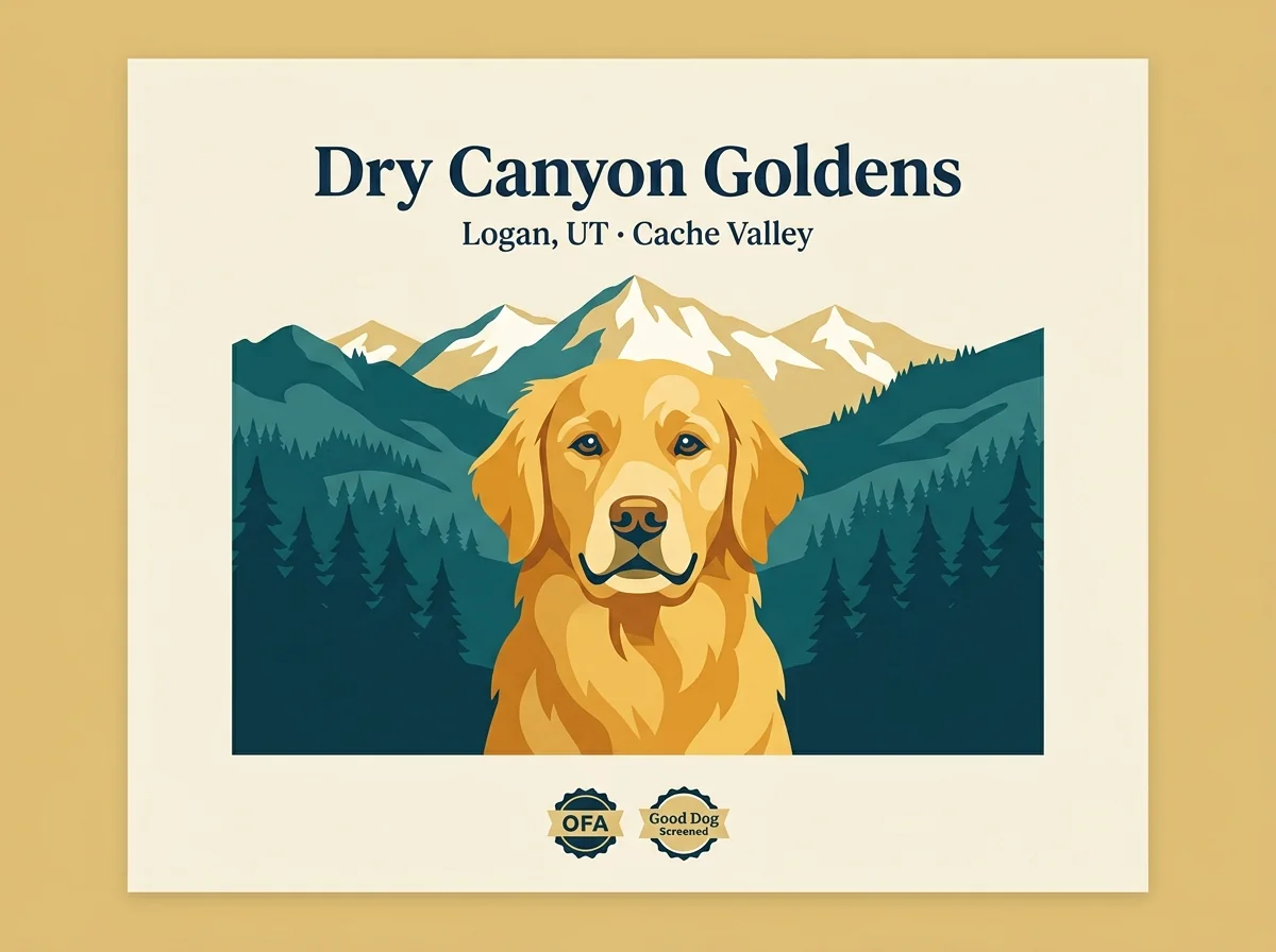 Dry Canyon Goldens editorial profile card with a stylized golden retriever portrait and Northern Utah Cache Valley silhouette, marked OFA + Good Dog screened.