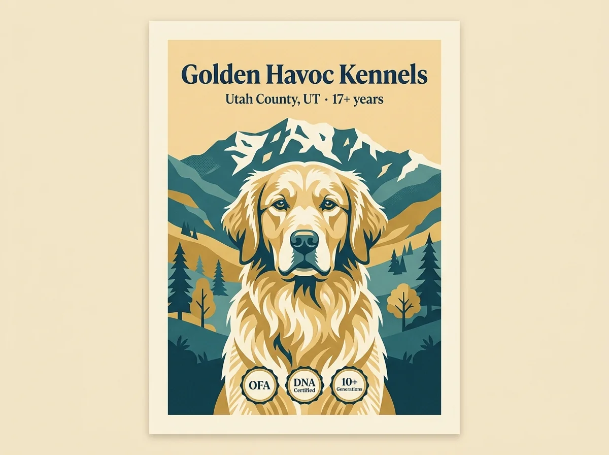 Golden Havoc Kennels editorial profile card showing tier rating, Utah County Provo metro location, and key credentials including 17 years of program longevity and 10+ generations of OFA hip clearances.