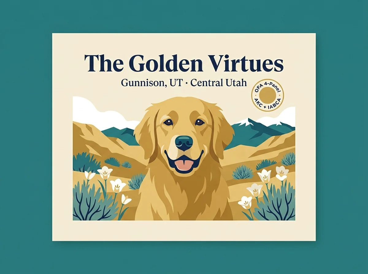 The Golden Virtues editorial profile card showing tier rating, Gunnison Utah location, and AKC and IABCA title credentials.