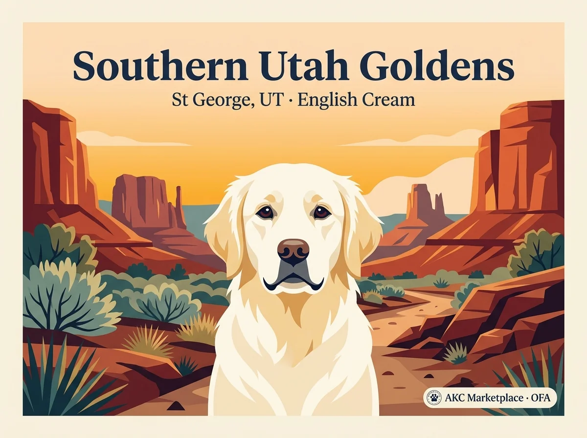 Southern Utah Golden Retrievers editorial profile card showing tier rating, St George Utah location, and key credentials including AKC Marketplace listing.
