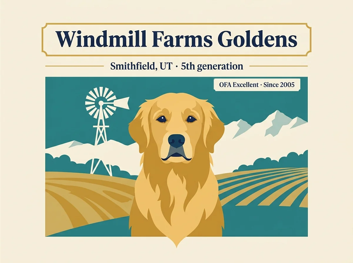 Windmill Farms Golden Retrievers editorial profile card showing tier rating, Smithfield Utah location, and key credentials including OFA Excellent hips and 5th-generation program standing.
