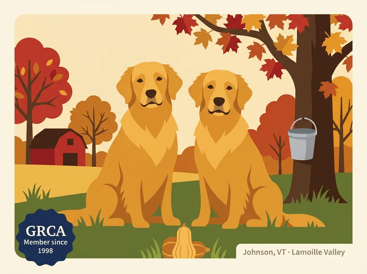 Butternut Goldens editorial profile card showing northern Vermont landscape, autumn maples, and OFA badge.