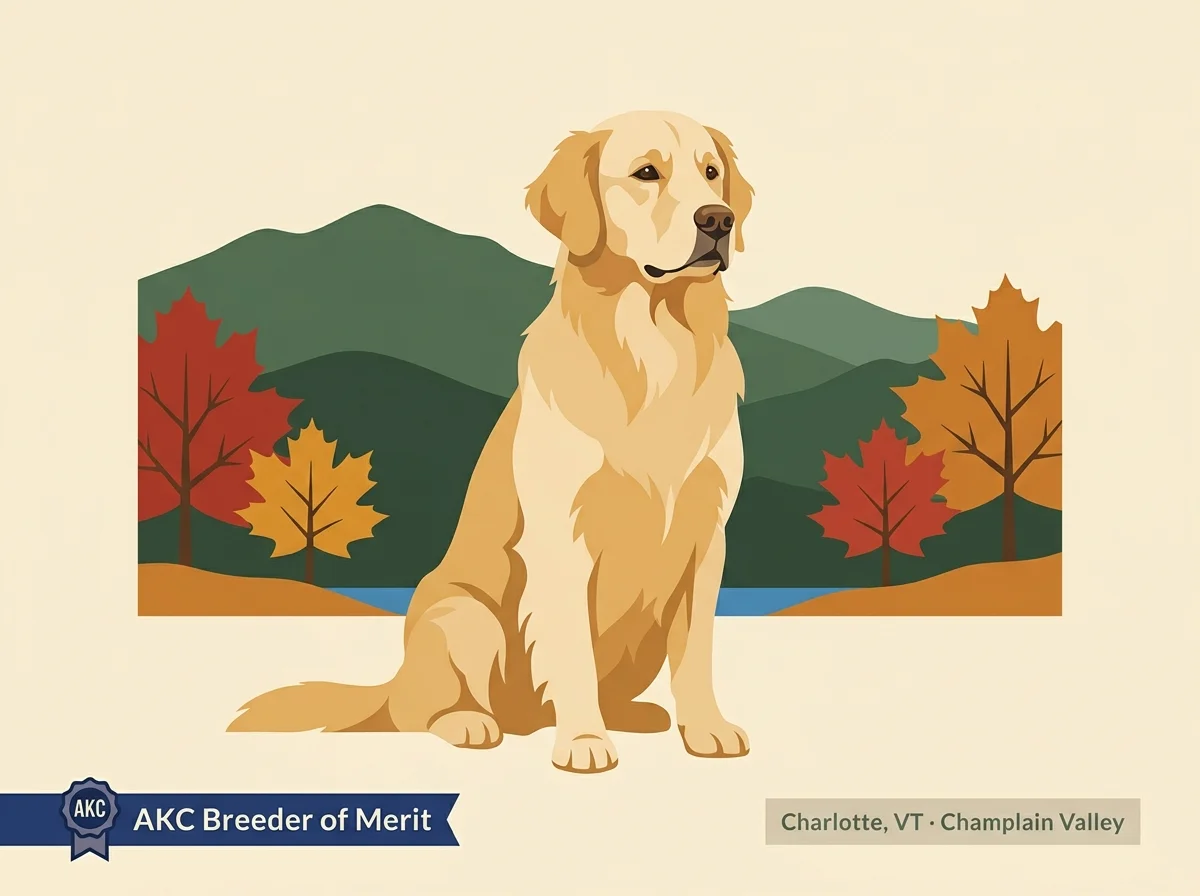 Crangold Golden Retrievers editorial profile card showing AKC Breeder of Merit badge, Charlotte Vermont location, and Champlain Valley landscape.