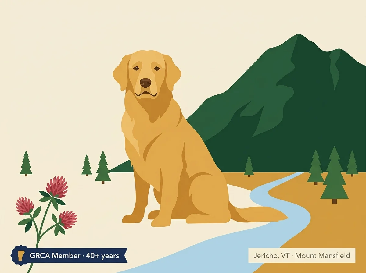 Goldensand Golden Retrievers editorial profile card showing GRCA member badge, Jericho Vermont location, and Mount Mansfield silhouette.