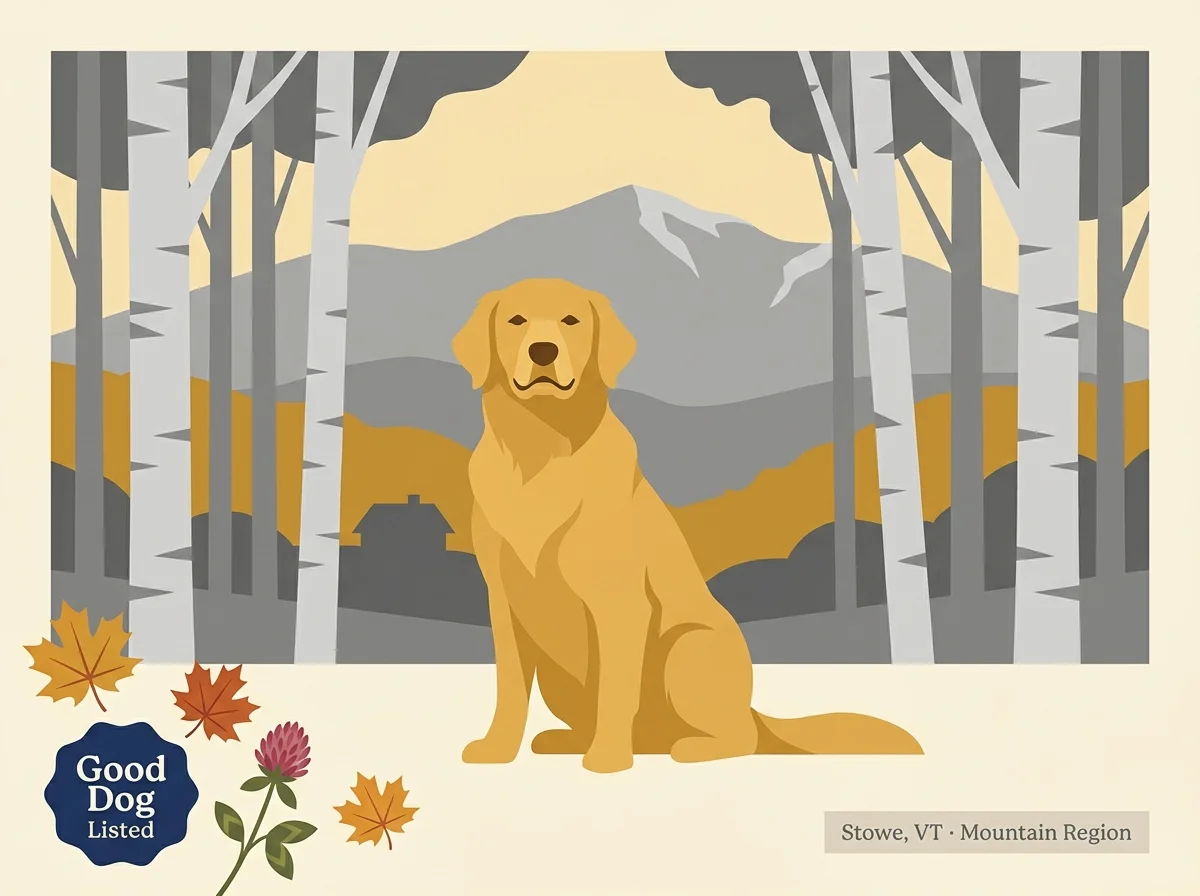 Grey Birch Goldens editorial profile card with Stowe Vermont mountain landscape and birch trees.