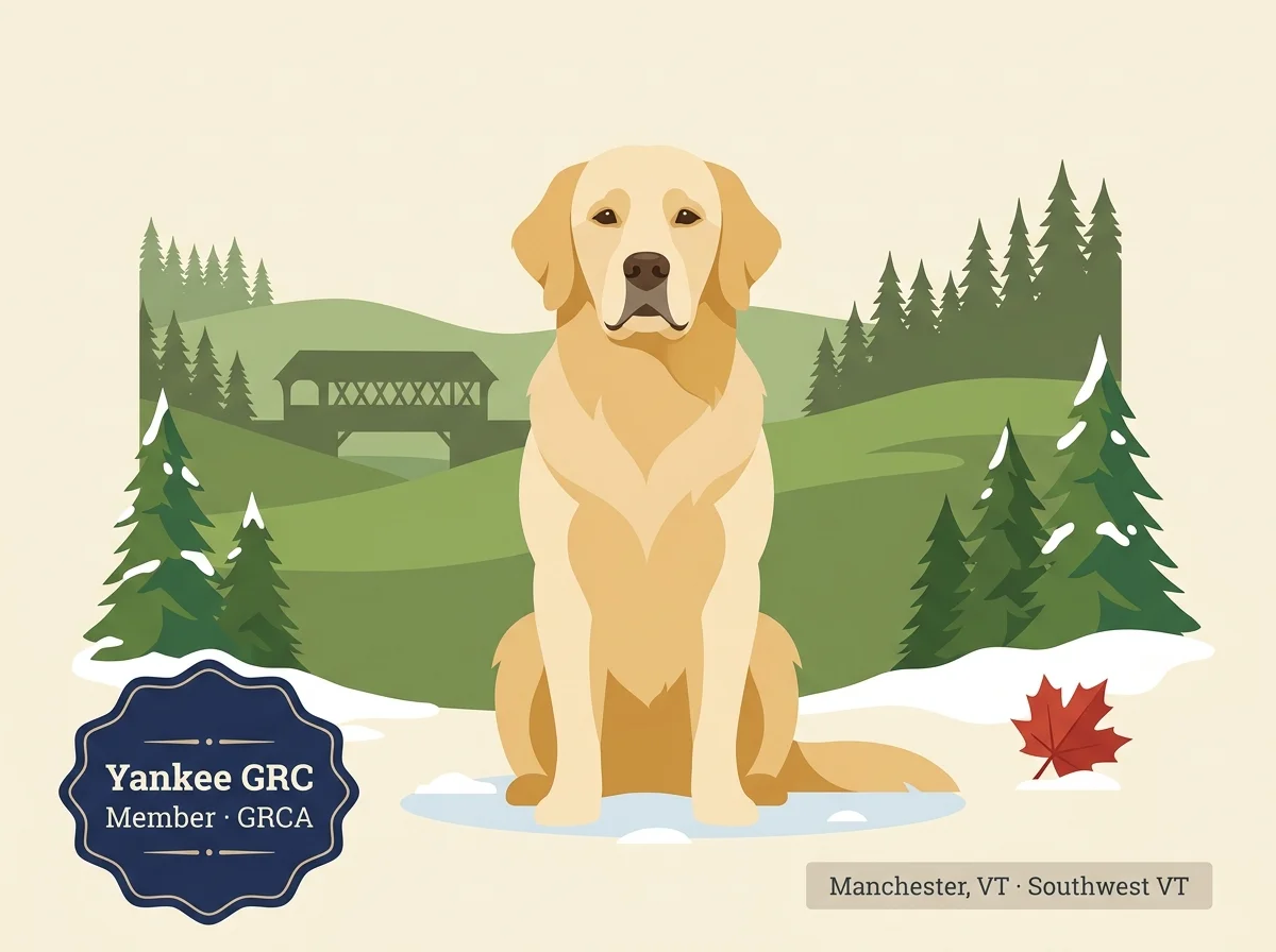 Kernow Golden Retrievers editorial profile card with Manchester Vermont landscape and Yankee GRC badge.