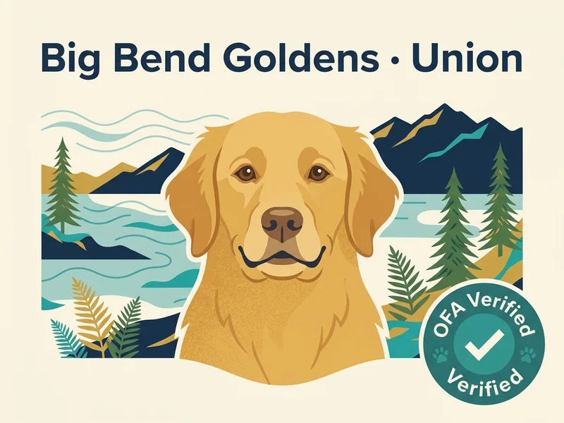 Big Bend Goldens editorial profile card showing a stylized golden retriever portrait with Hood Canal coastal silhouette and OFA verification badge.
