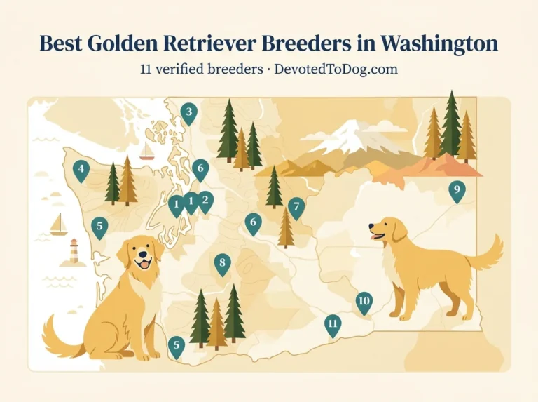 Editorial flat-vector map of Washington with two golden retrievers, 11 numbered teal location pins, Mt Rainier and Cascades, Douglas firs, and Olympic Peninsula coastline. Title: Best Golden Retriever Breeders in Washington. 11 verified breeders, DevotedToDog.com.