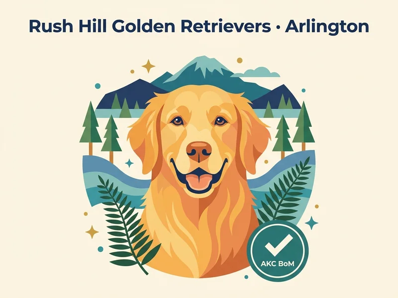 Rush Hill Golden Retrievers editorial profile card showing a stylized golden retriever portrait with Cascade mountain silhouette and AKC Breeder of Merit verification badge.