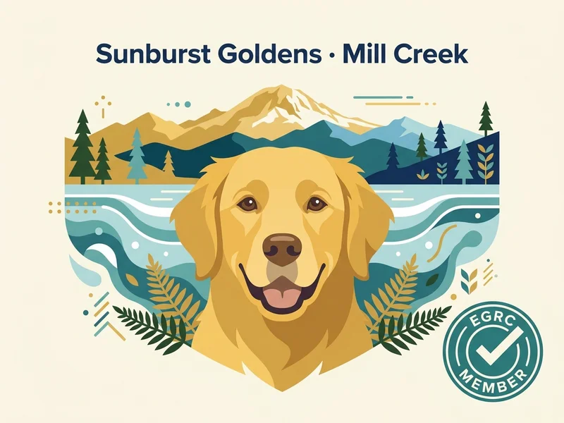 Sunburst Goldens editorial profile card showing a stylized golden retriever portrait with Puget Sound silhouette and EGRC verification badge.