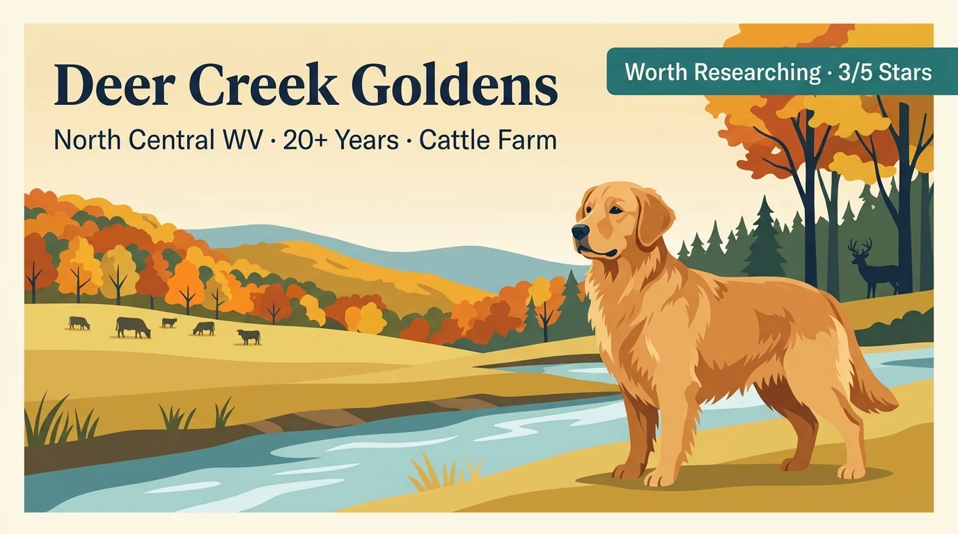 Deer Creek Goldens editorial profile card showing tier rating, North Central West Virginia location, 20-plus years cattle farm setting, and Paw Print Genetics plus Embark DNA testing