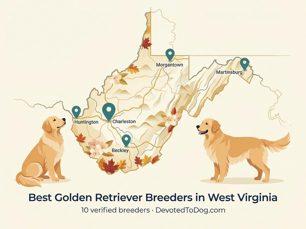 Map of West Virginia showing the locations of ten recommended golden retriever breeders across Charleston, Morgantown, Huntington, the Eastern Panhandle, and Beckley regions, with a verification badge listing OFA health testing, Appalachian GRC of WV membership, and written contract as our core requirements.