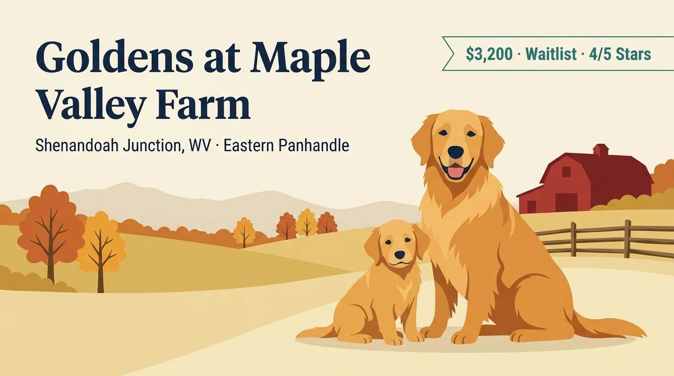 Goldens at Maple Valley Farm editorial profile card showing tier rating, Shenandoah Junction Eastern Panhandle West Virginia location, 47-acre farm setting, and OFA plus DNA testing program