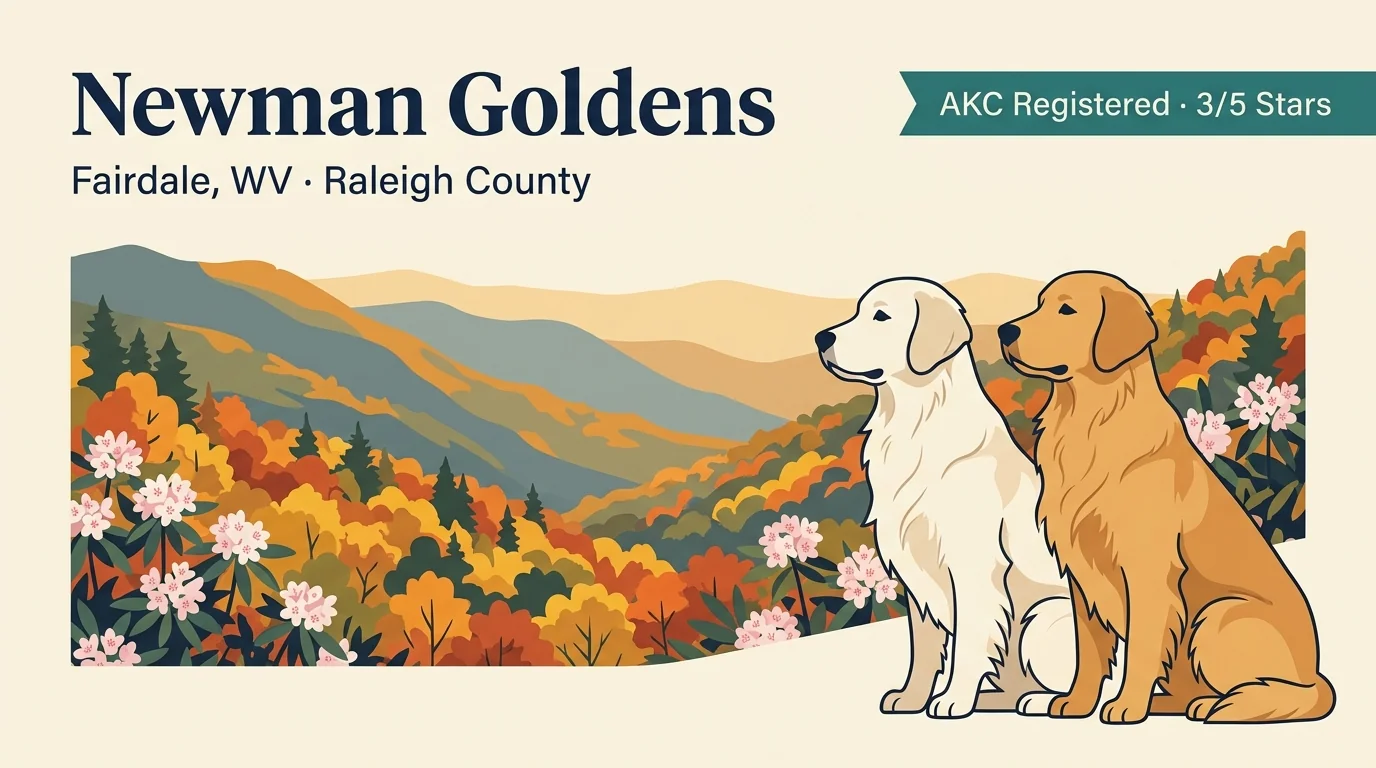 Newman Goldens editorial profile card showing tier rating, Fairdale Raleigh County West Virginia location, AKC registered, and dual American plus English Cream lines