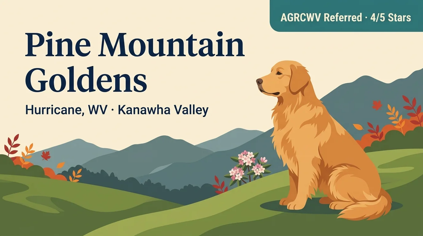 Pine Mountain Goldens editorial profile card showing tier rating, Hurricane West Virginia location, AGRCWV referral status, and conformation focus