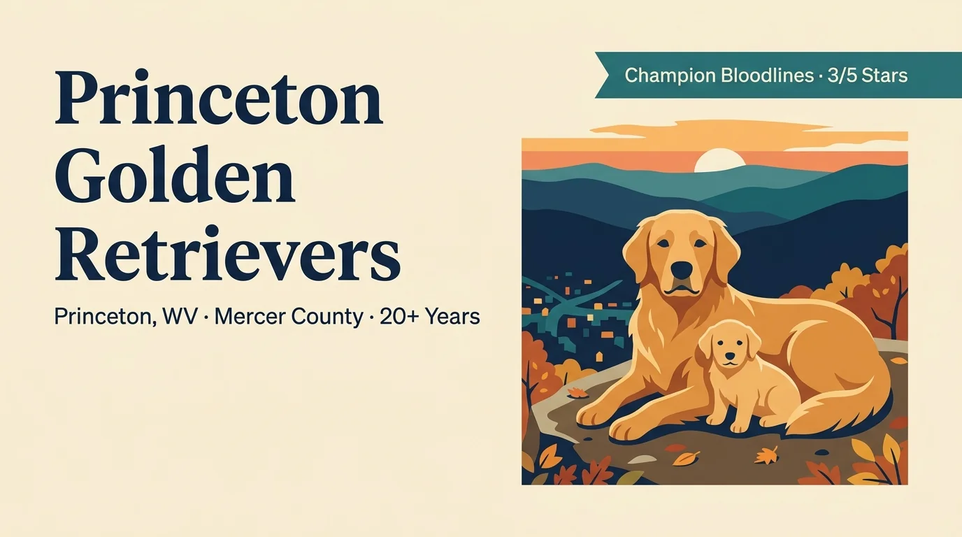 Princeton Golden Retrievers editorial profile card showing tier rating, Princeton West Virginia location, 20-plus years family breeder, and National International Champion bloodlines
