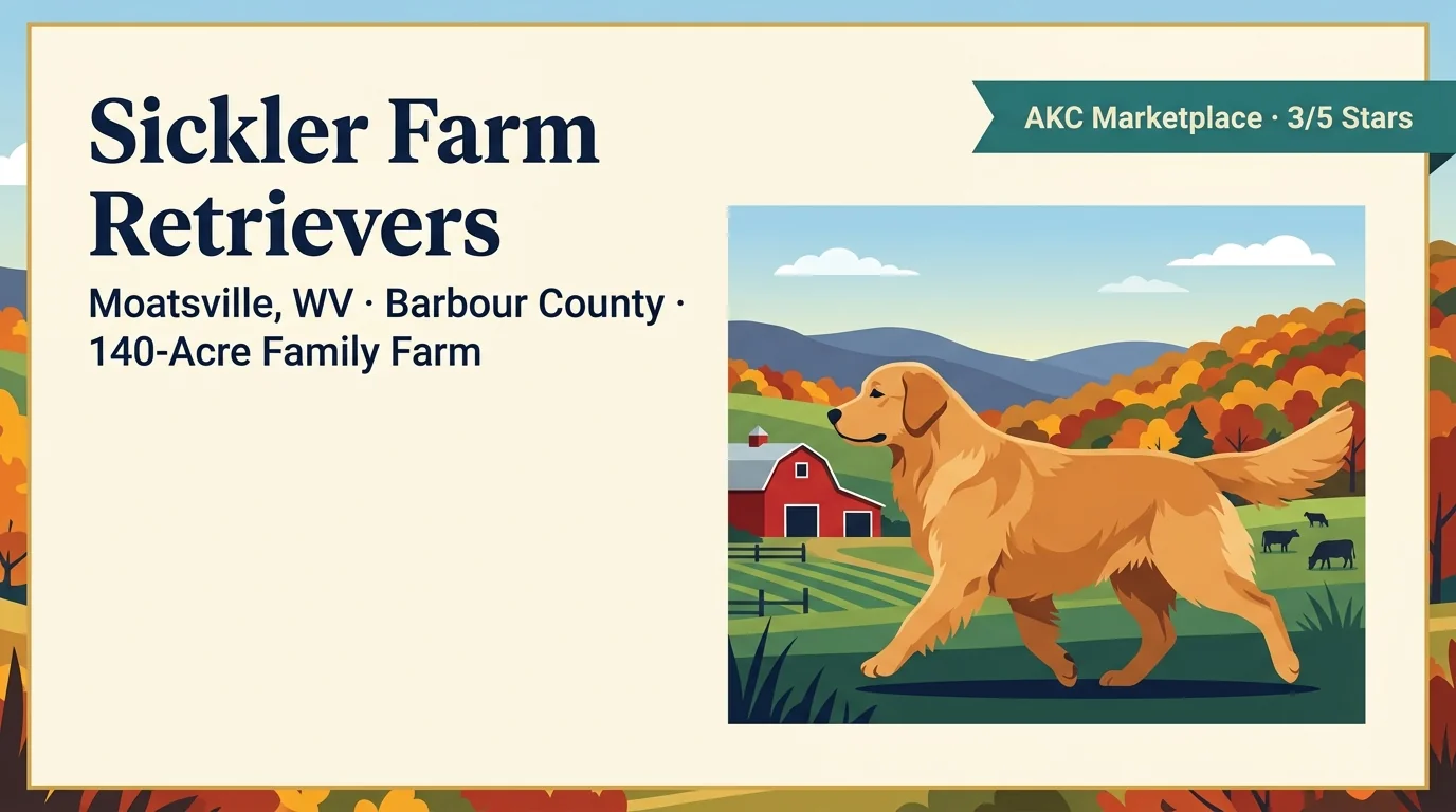 Sickler Farm Retrievers editorial profile card showing tier rating, Moatsville Barbour County West Virginia location, 140-acre family farm, and AKC Marketplace listed status