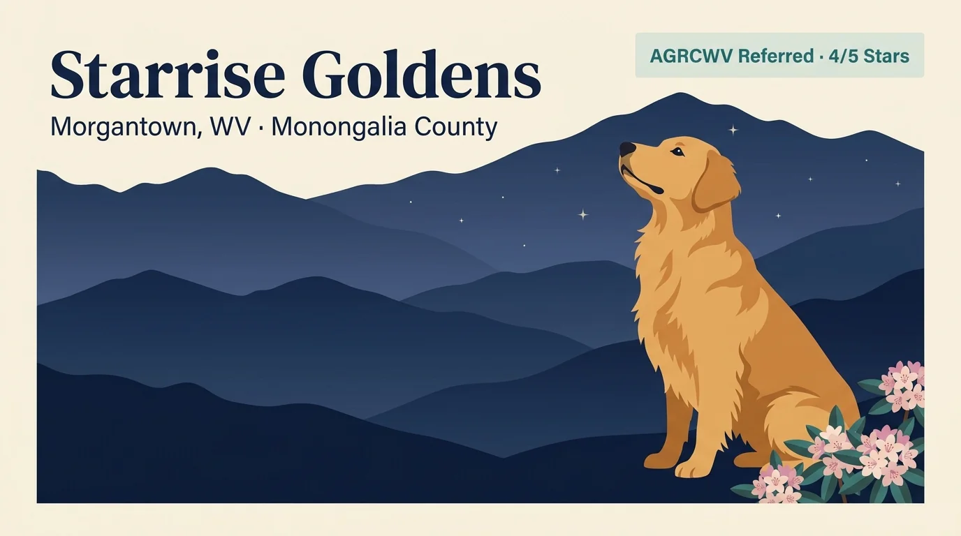 Starrise Goldens editorial profile card showing tier rating, Morgantown West Virginia location, AGRCWV referral status, and conformation focus