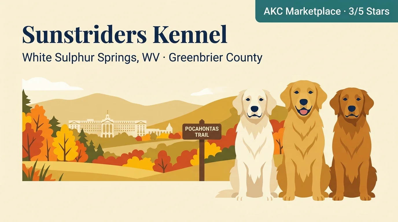 Sunstriders Kennel editorial profile card showing tier rating, White Sulphur Springs Greenbrier County West Virginia location, and AKC Marketplace listing