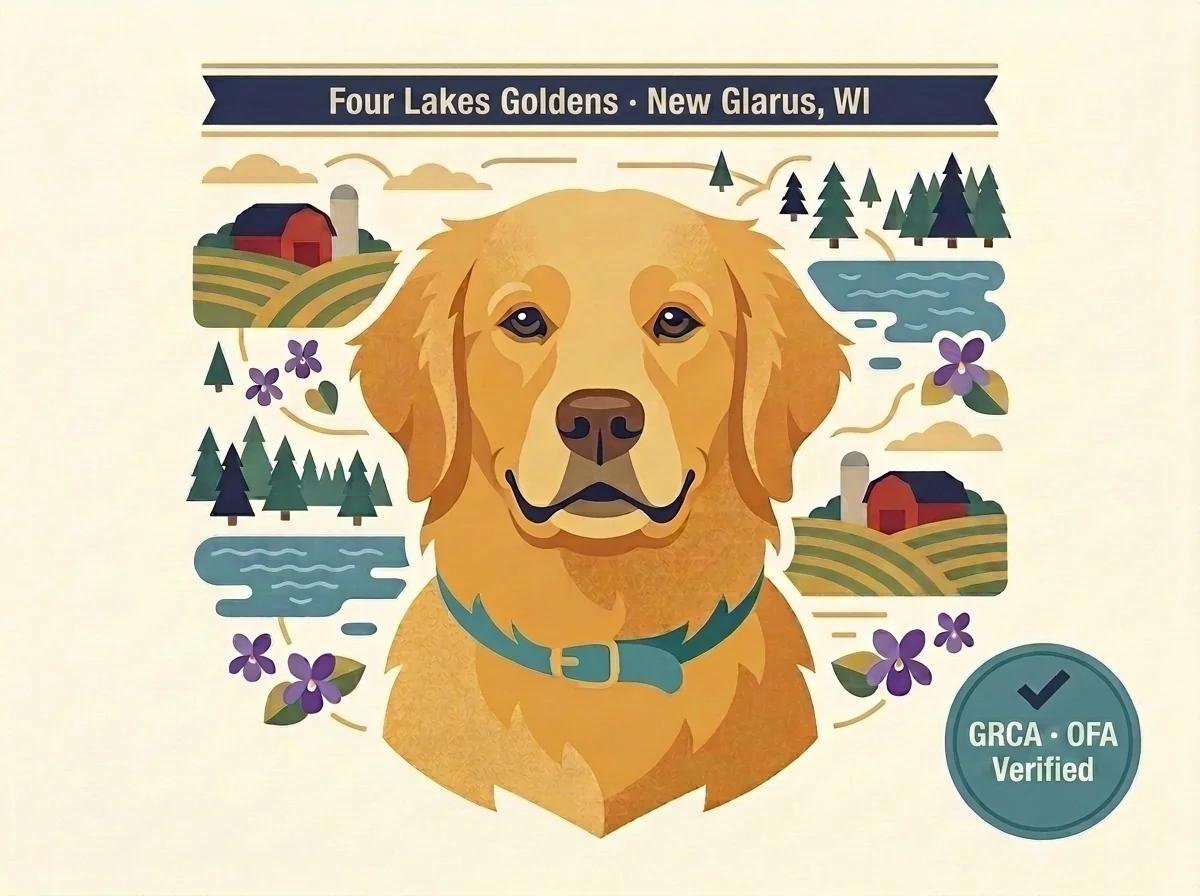 Four Lakes Goldens editorial profile card showing single-litter-per-year hobby program in New Glarus, southwest of Madison