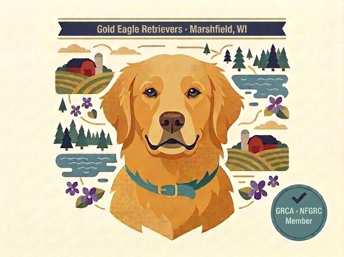 Gold Eagle Retrievers editorial profile card showing Marshfield Wisconsin location and dual GRCA plus Northern Flyway club membership