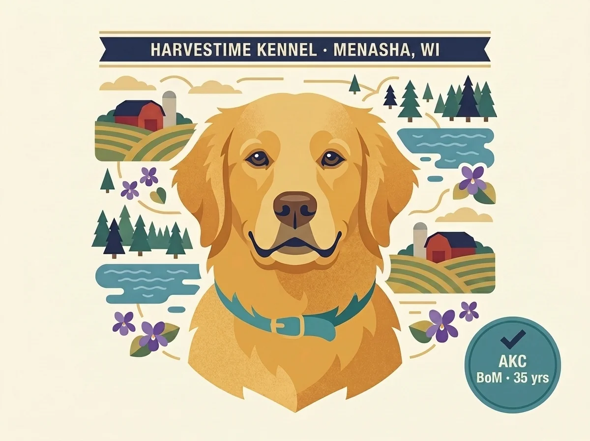 Harvestime Kennel editorial profile card highlighting AKC Breeder of Merit status, 35+ year multi-generation program, and Fox Cities Wisconsin location