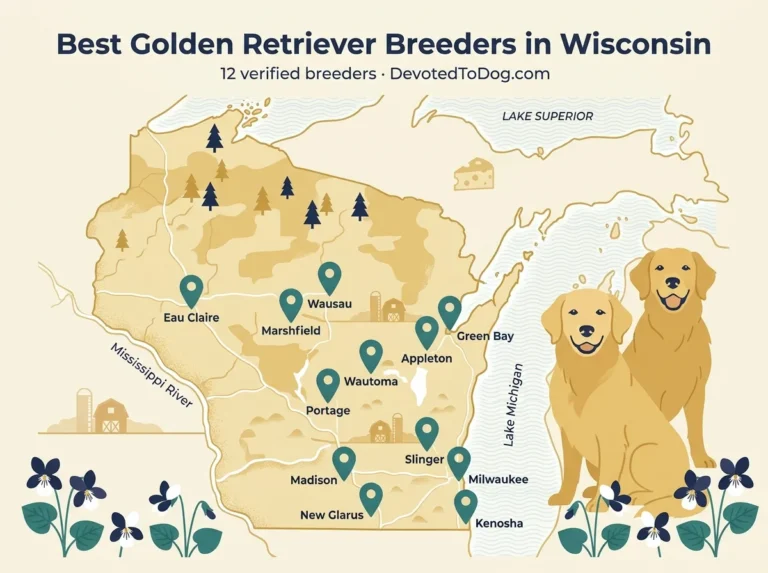Map of Wisconsin with twelve teal pins marking verified golden retriever breeders, two adult golden retrievers, dairy-farm silhouettes, and wood-violet flowers. Title reads Best Golden Retriever Breeders in Wisconsin.