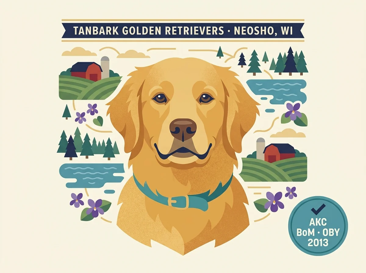 Tanbark Golden Retrievers editorial profile card showing AKC Obedience Breeder of the Year 2013 honor and Wisconsin Lake Country location
