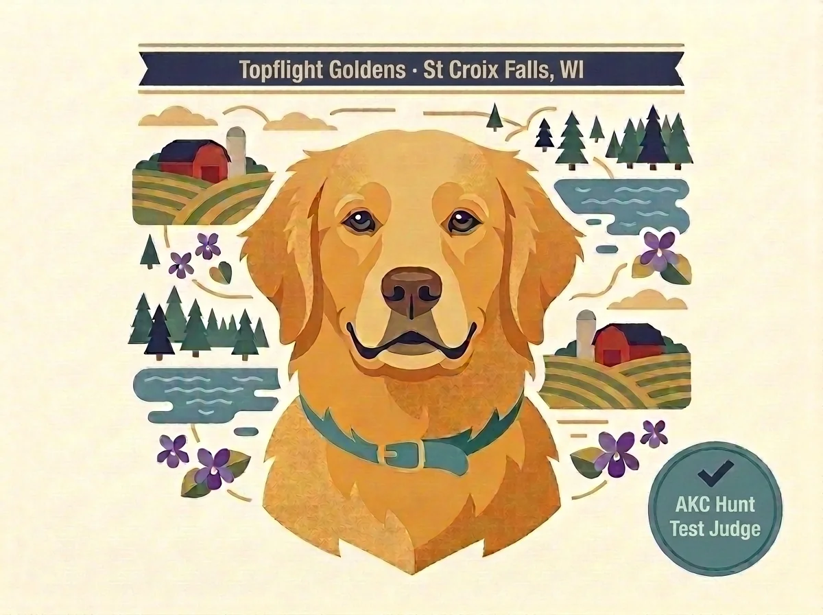 Topflight Golden Retrievers editorial profile card showing St Croix Falls Wisconsin location and AKC Hunt Test Judge owner Greg Netys