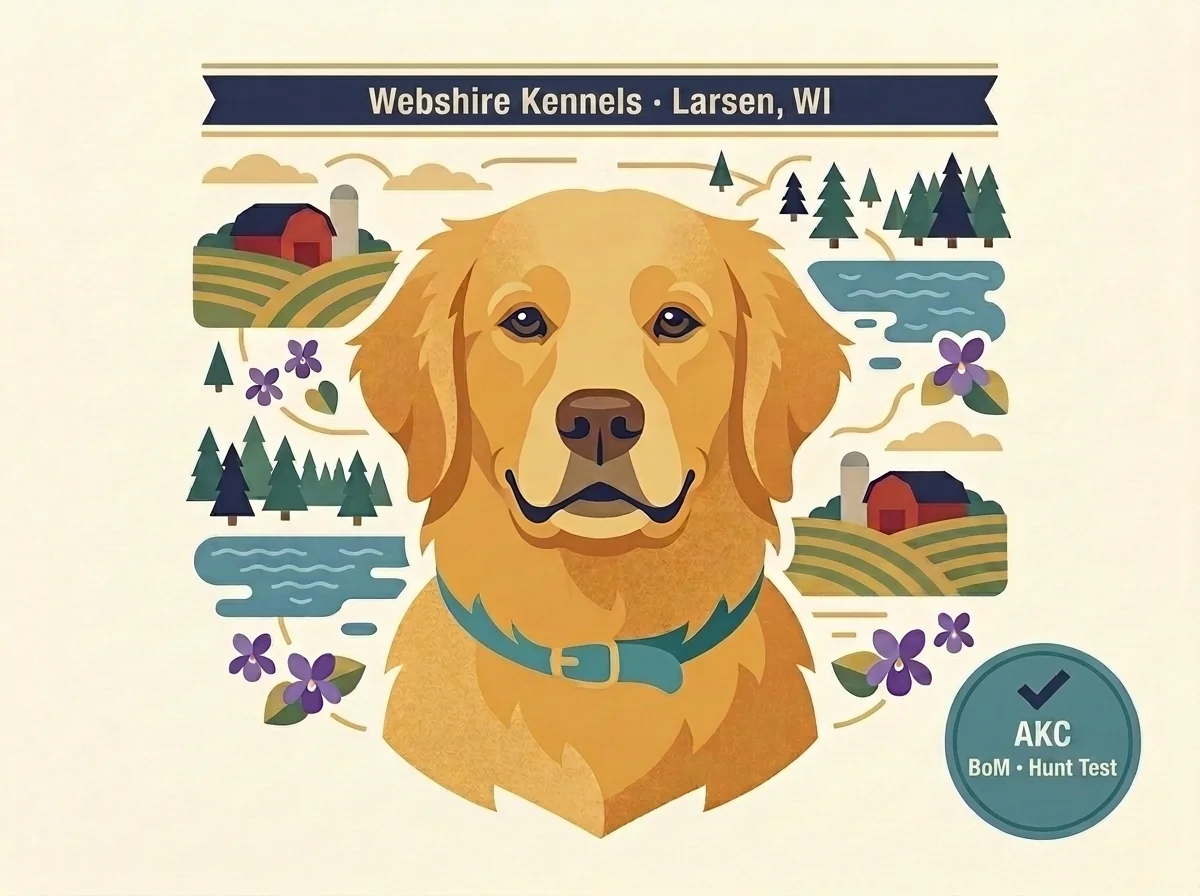 Webshire Kennels editorial profile card showing AKC Breeder of Merit status and Fox Valley hunt-test program