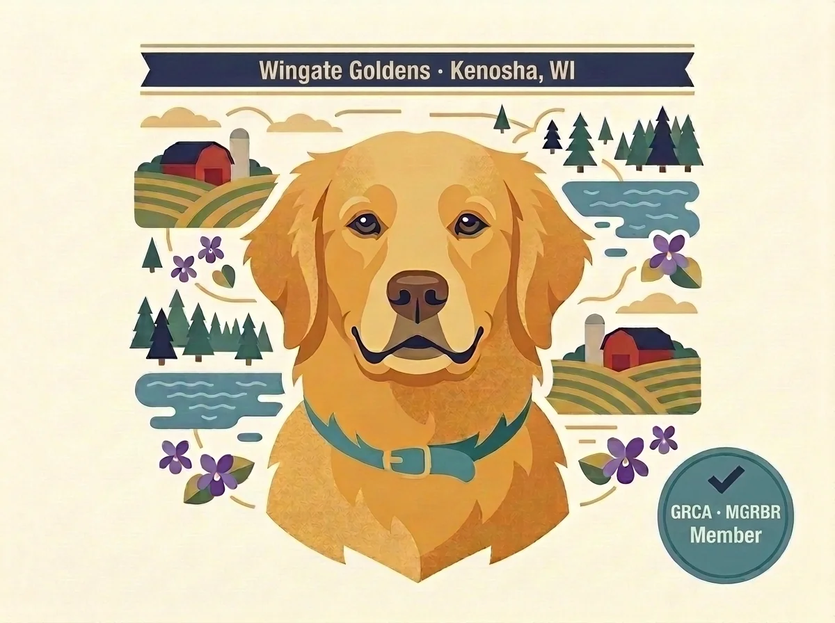 Wingate Goldens editorial profile card showing Kenosha southeast Wisconsin location and Midwest Golden Retriever Breeder Resource membership
