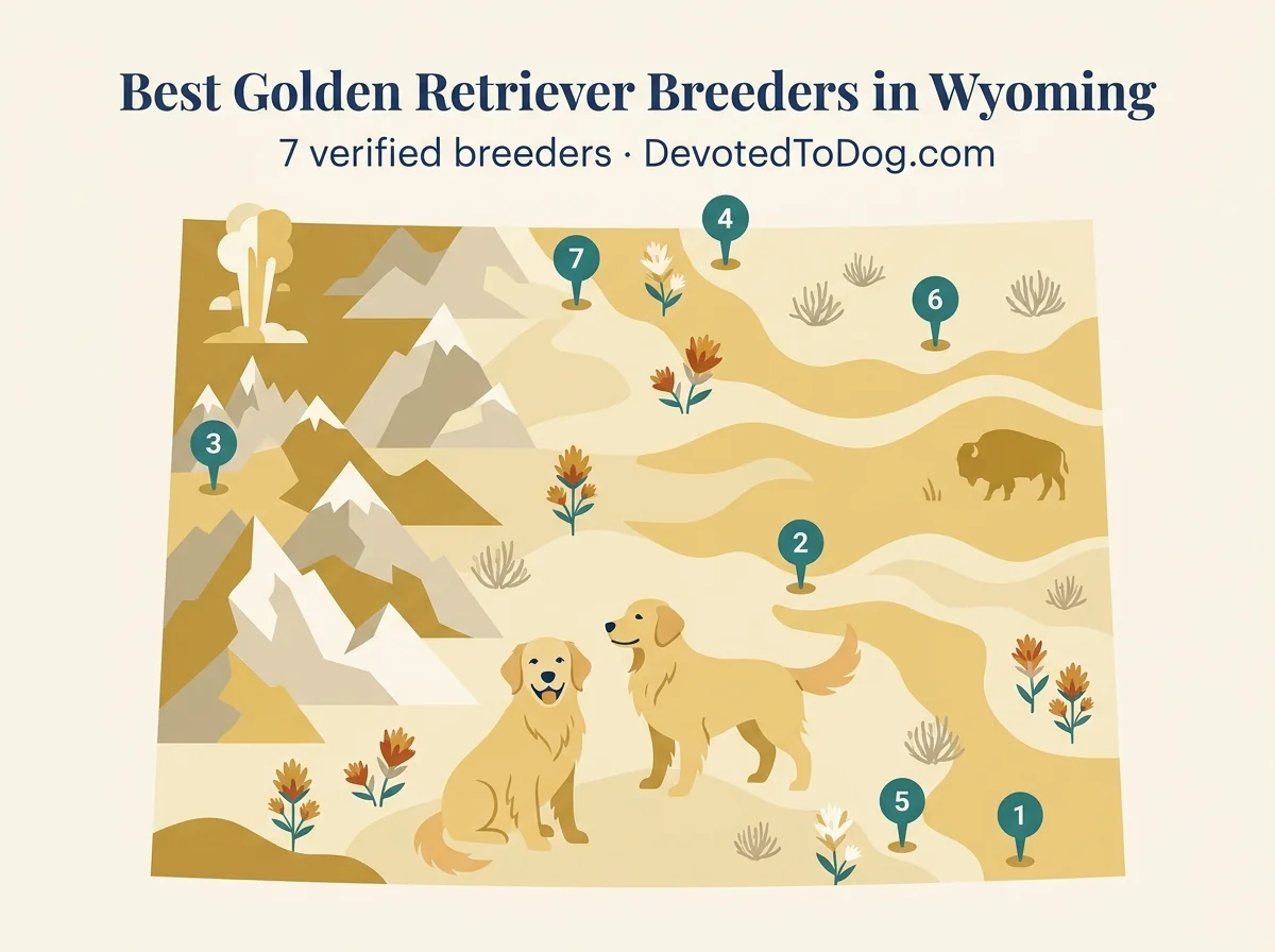Stylized illustrated map of Wyoming showing seven verified golden retriever breeder locations with two adult golden retrievers, Tetons silhouettes, Indian Paintbrush, sagebrush prairie, Old Faithful geyser, and bison hint in cream and gold flat-vector palette.