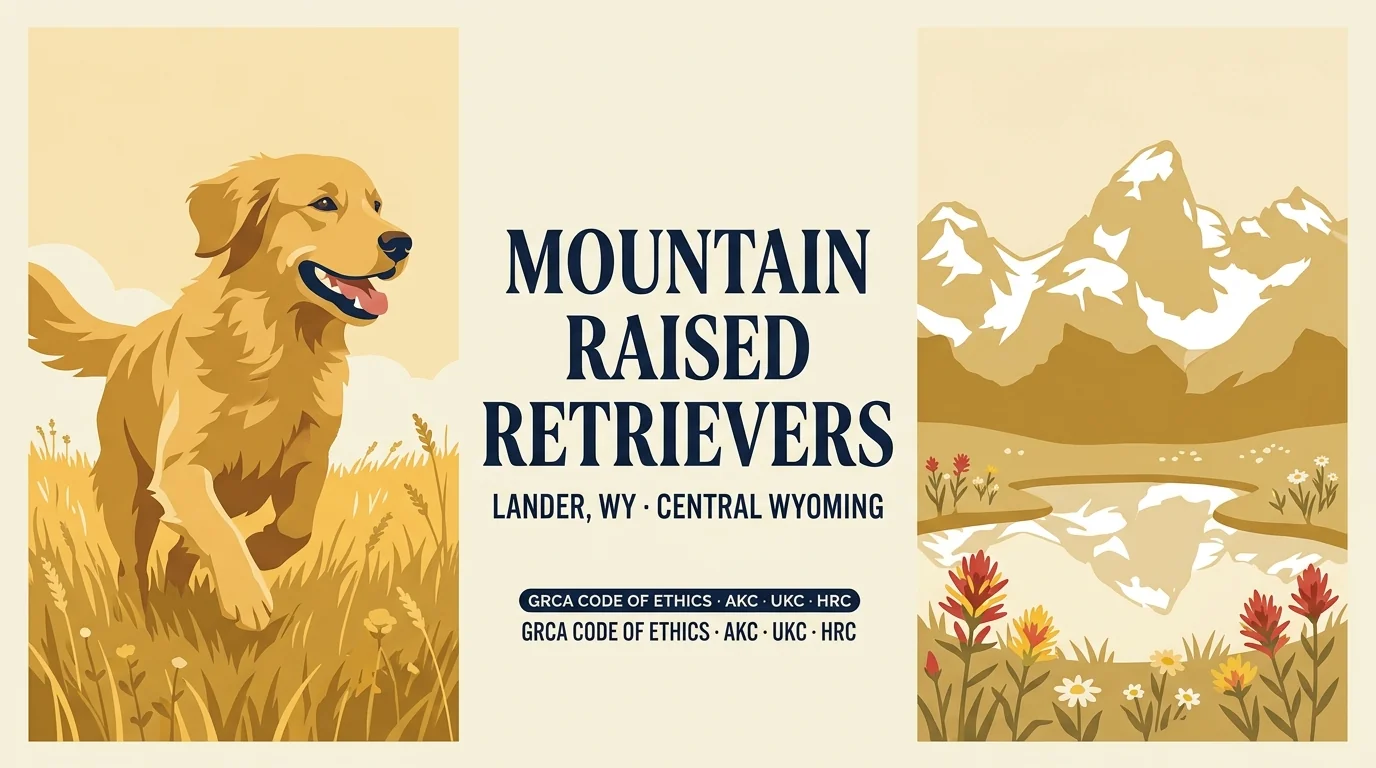 Mountain Raised Retrievers editorial profile illustration with Wind River Range silhouette and GRCA Code of Ethics badge.