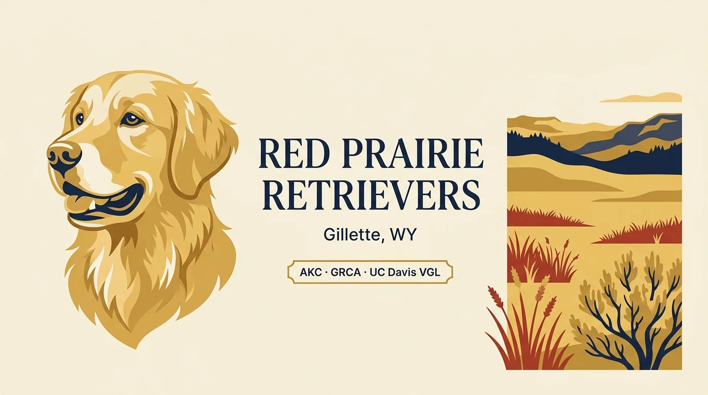 Red Prairie Retrievers editorial profile illustration showing a stylized golden retriever portrait with Wyoming high plains silhouette and AKC + UC Davis VGL verification badge.