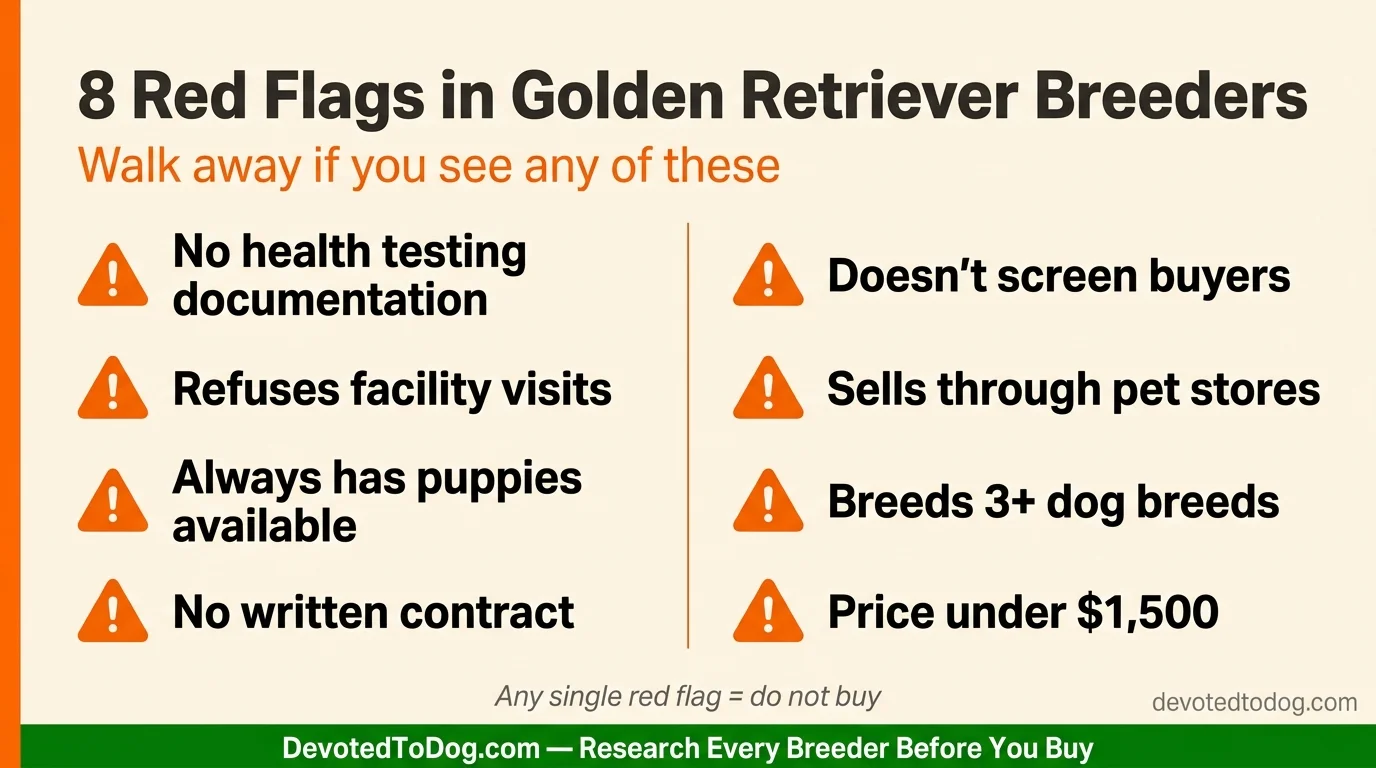 8 red flags in golden retriever breeders including refusing facility visits, no written contract, always has puppies available