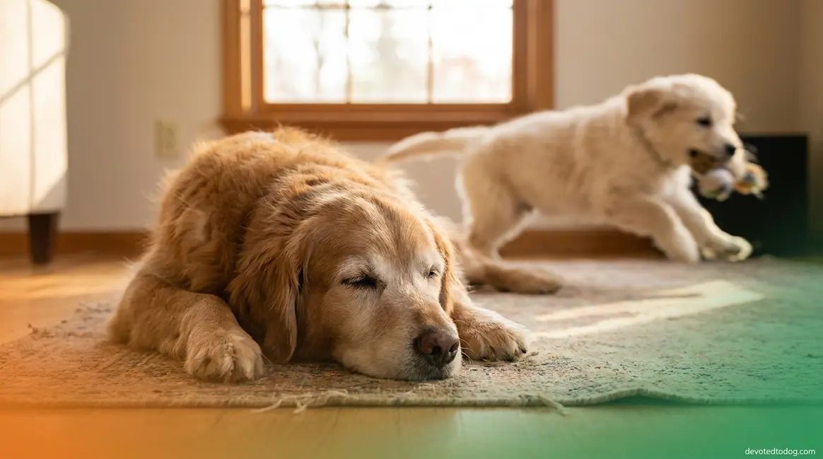 Golden Retriever calmly resting on a rug showing when golden retrievers calm down with age