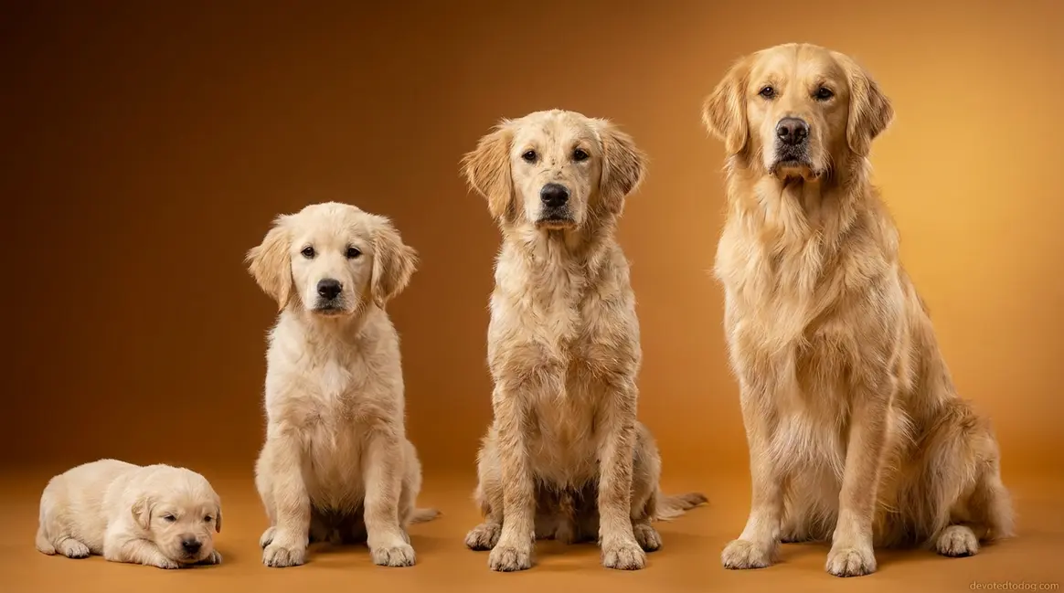 Golden retriever coat stages from newborn puppy fuzz to full adult double coat and feathering