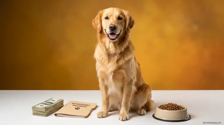 Golden retriever sitting beside financial planning items representing the full cost of ownership