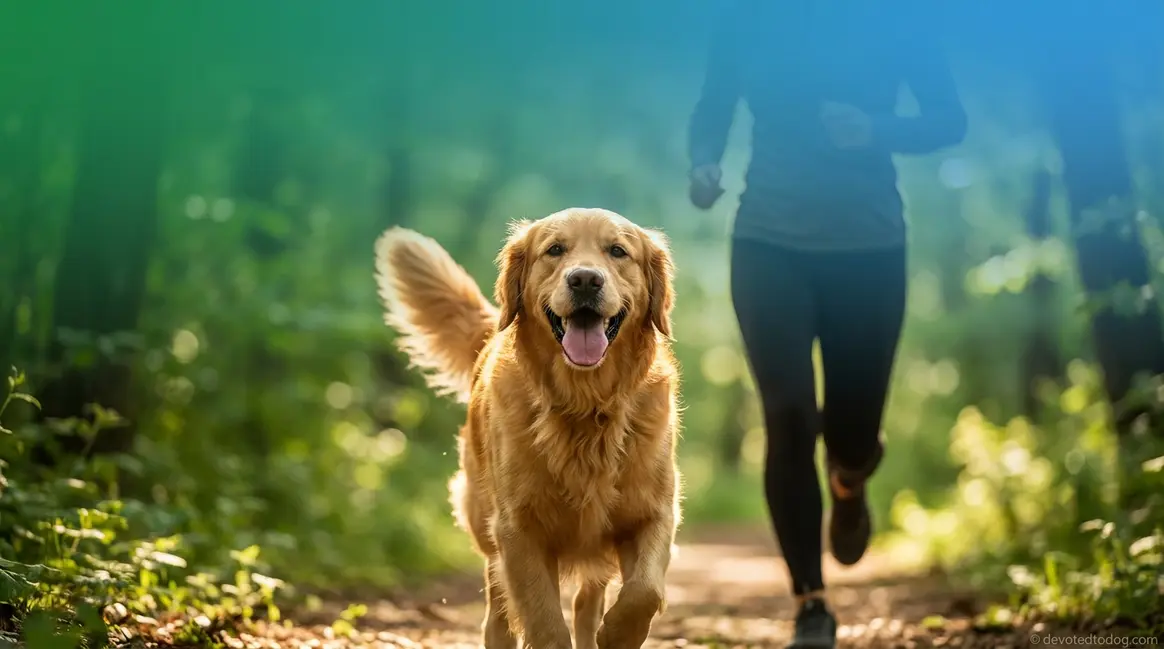 Golden Retriever running on a trail showing healthy daily exercise habits for the breed