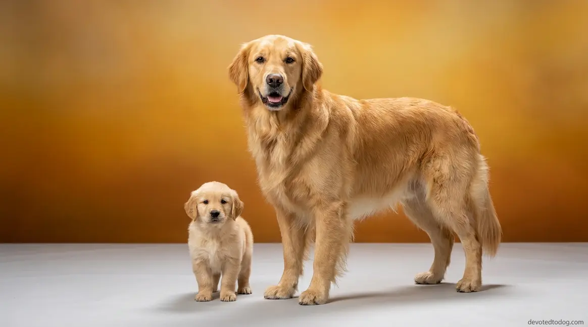 Golden retriever growth chart comparison showing puppy beside full-grown adult Golden Retriever