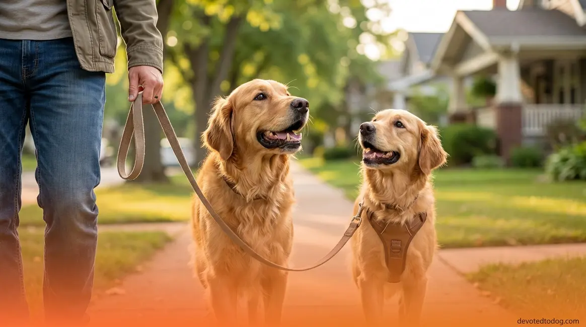 Golden retriever walking calmly on a loose leash beside owner during leash training session
