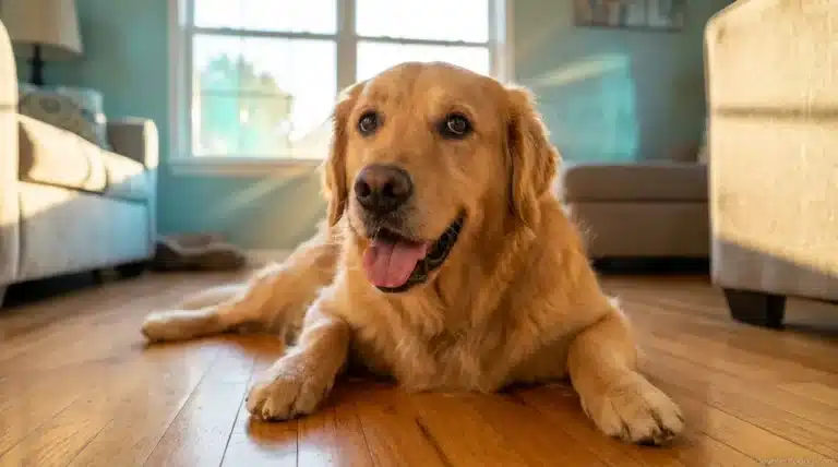 Golden retriever panting heavily while resting indoors on a cool floor