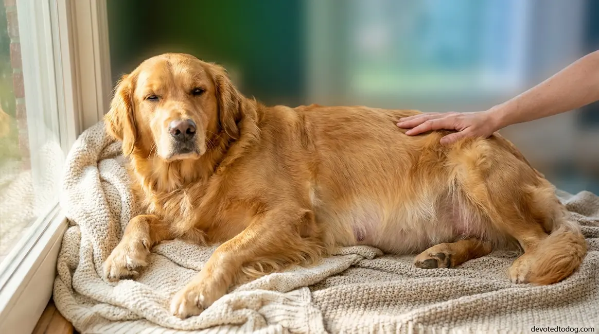 Pregnant golden retriever lying on soft blankets showing rounded belly in warm home setting