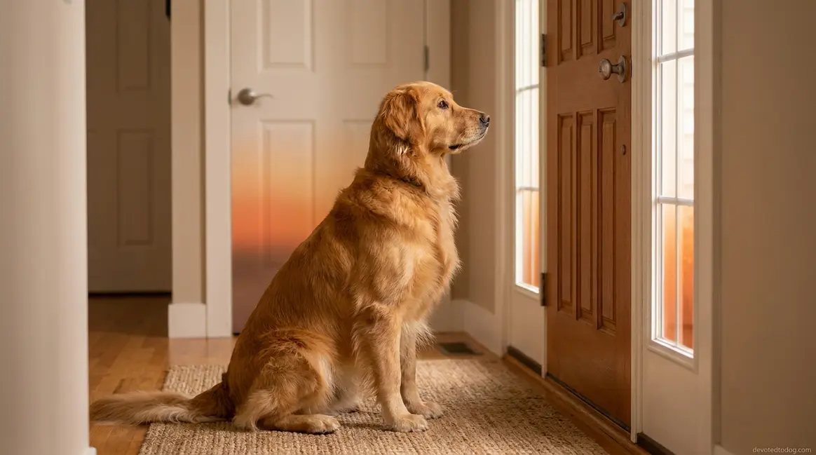 Golden retriever sitting alert at front door showing natural protective watchdog posture
