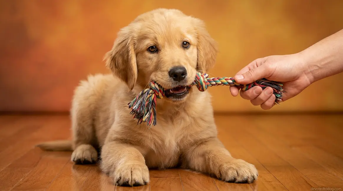 Golden Retriever puppy biting and playing with a rope chew toy during training session