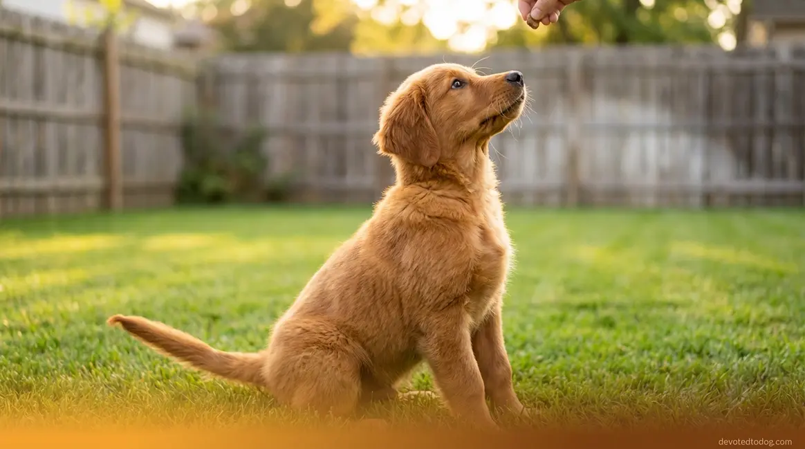 Golden retriever puppy sitting outside during potty training with owner offering treat reward