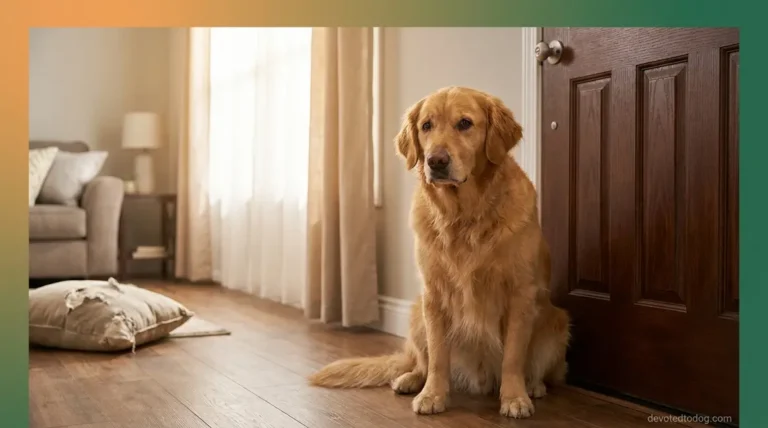 Golden Retriever sitting alone by front door showing signs of separation anxiety