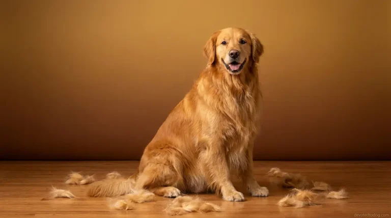 Golden Retriever with thick double coat sitting amid shed fur on hardwood floor