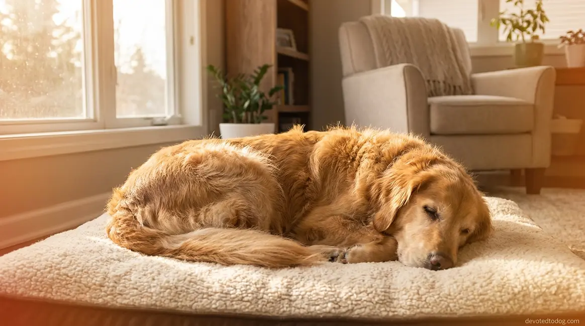 Golden retriever sleeping peacefully on a plush dog bed in warm indoor light