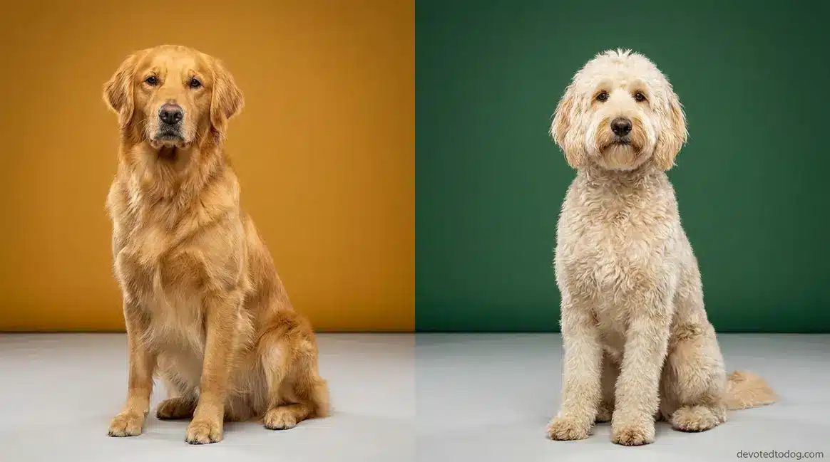 Golden Retriever vs Goldendoodle side-by-side portrait showing coat and size differences
